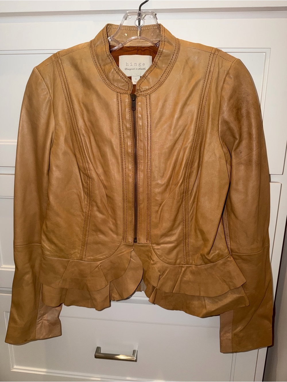 Hinge (Nordstrom) Tan Leather Jacket with Ruffle Detail Small